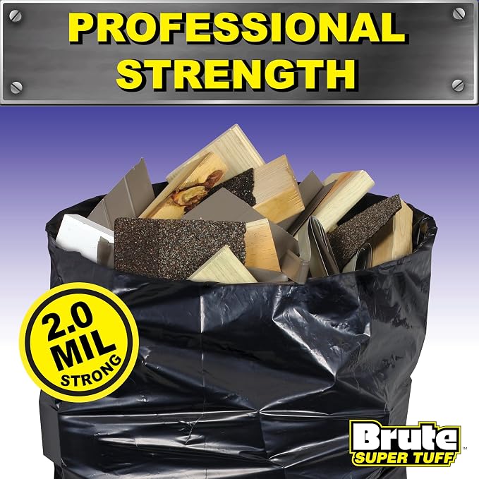 Brute Super Tuff 42 Gallon Contractor Bags, 2.0 Mil, Black, Unscented, 20ct | Heavy Duty Black Garbage Bags, Superior Rip, Tear, and Leak Protection, Twist Tie Closure, Construction Cleanup, DIY Waste