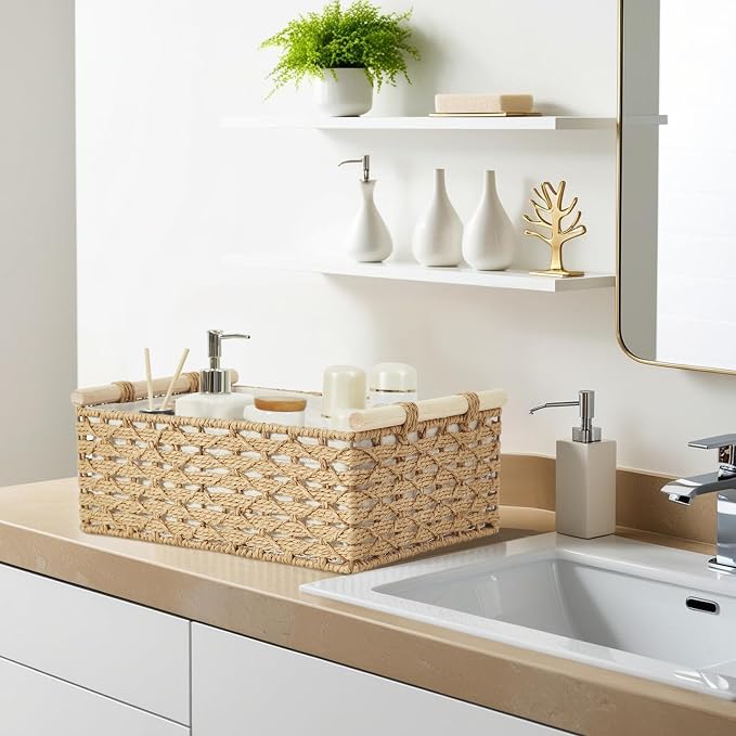 DECOMOMO Paper Rope Wicker Storage Basket, Bathroom Organizer | Back of Toilet Basket, Toilet Tank Tray, Countertop, Home Decor (Set of 2, Beige)