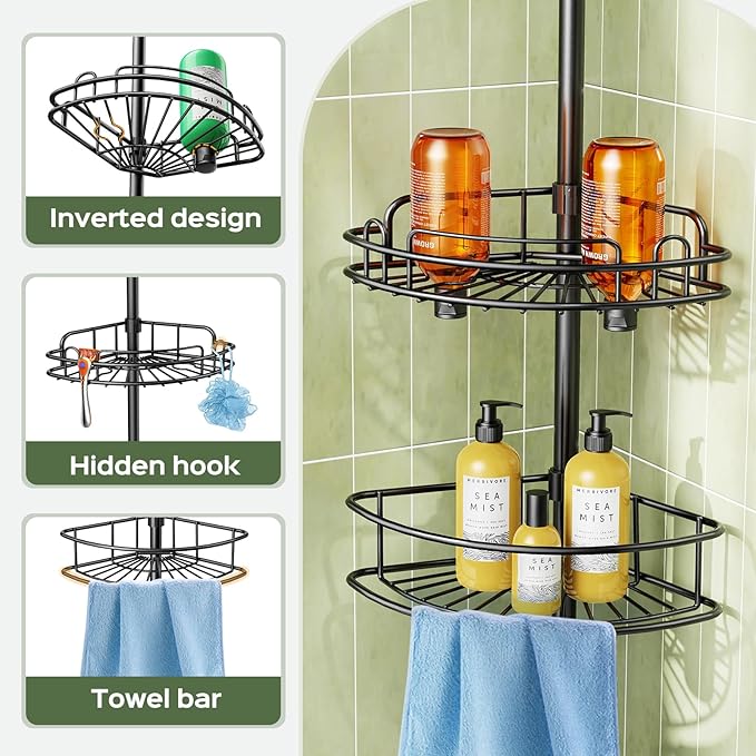 HAMITOR Corner Shower Shelves, 4-Tier AdjustableTension Caddy for Renters | Black Rust-Resistant Bathroom Organizer, No-Drill Quick Install, Space-Saving Storage Shelves For Families 47.7-123.6 Inch