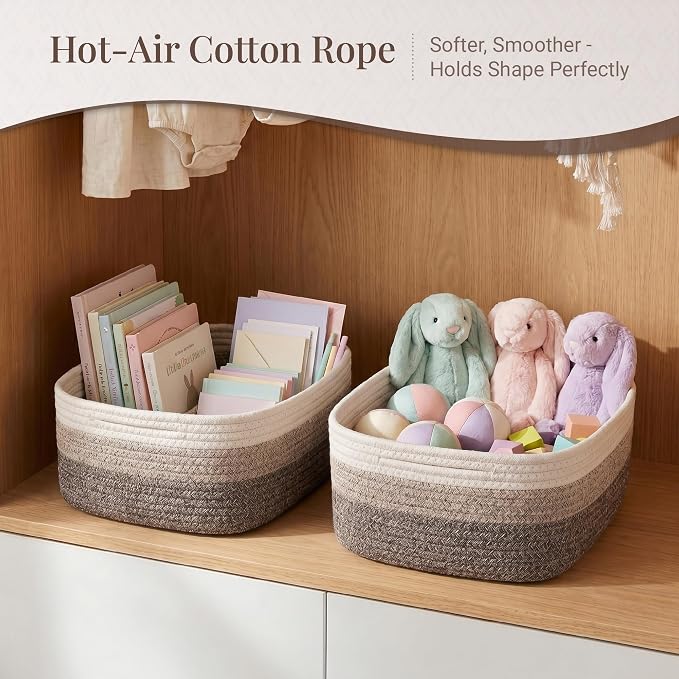 Storage Baskets for Shelves, 4 Pack, 2 Sizes Organizer Bins | Woven Cotton Rope Baskets, 2 Large + 2 Small Shallow Storage Bins for Nursery, Closet, Toys, Bathroom & Changing Table