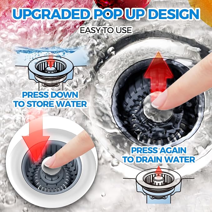 zaa 3 in 1 Kitchen Sink Drain Strainer Stopper Removable Basket Pop-Up | Kitchen Sink Accessories 3 Pack Silver Stainless - Food Catcher, Odor-Blocking Seal, Fits 3.5" Drain, Easy Clean
