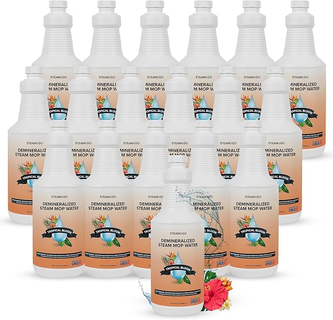 Steam & Go Demineralized Water for Steam Mop – Tropical Bloom Scent, 32 oz (Pack of 18)| Scented Floor Cleaner Solution, Ready-to-Use, Compatible with Any Steam Cleaner