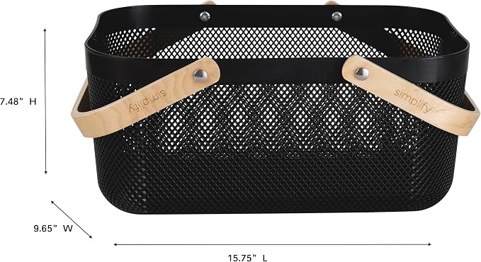 Simplify Large Mesh Plastic Storage Basket with Wooden Handle Black Color | Garden Harvest Organizer | Kitchen Pantry Storage Bin
