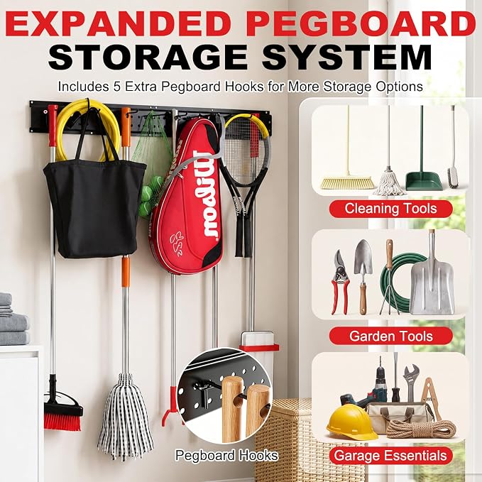 Garage Tool Organizer Wall Mount 66 inches with 13 Adjustable Heavy-Duty Hooks, Garage Organization, Garden Tool Storage Rack, Yard, and Shed, Holds Up to 520 lbs