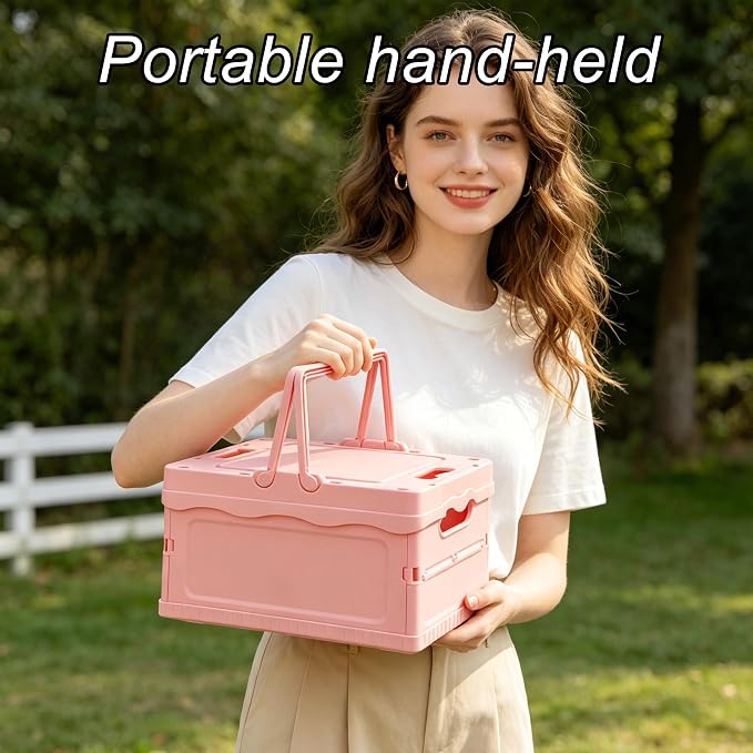 Foldable Small Plastic Baskets with Lids and Handles for Organizing,Collapsible Storage Crates, Stackable Bins for Home Kitchen Bedroom Bathroom Office (Pink, 12 * 8 * 7)