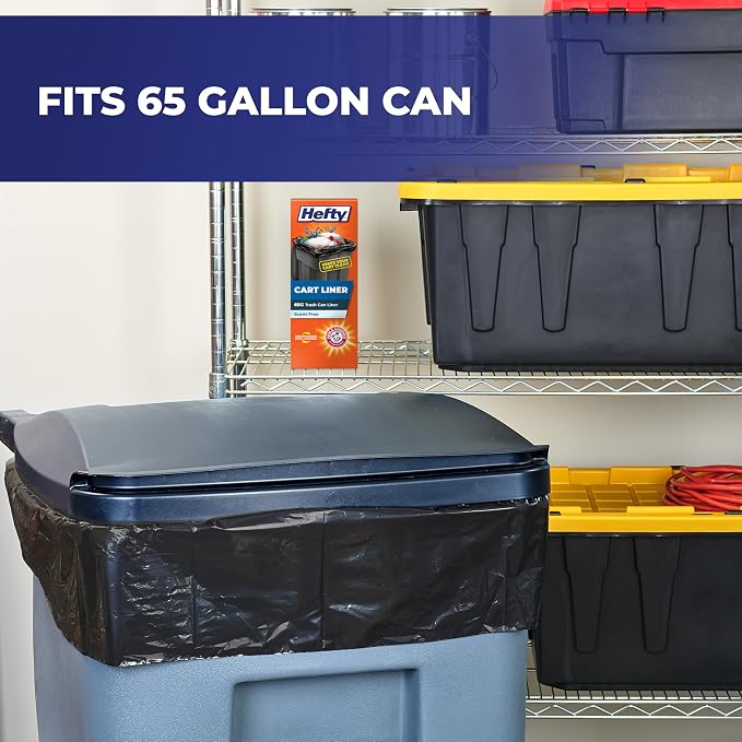 Hefty 65 Gallon Cart Liner Extra Large Trash Bags, Black, Unscented, 10ct | Fits Residential Curbside Carts and Trash Cans with Wheels, Drawstring Closure, Arm and Hammer Odor Control