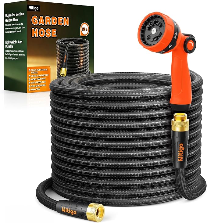 Nitigo Ultra Lightweight Garden Hose 50 FT, 2 Pounds | Wear-Resistant Nylon Outer Layer, Non-Expanding Flexible Water Hose, Kink-Free, 10-Function Sprayer, Burst 280 PSI, 3/4" GHT