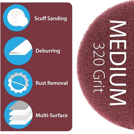 5" Abrasive Pad Hook & Loop Round Non-Woven 320 Grit - 10 Pack (Maroon)