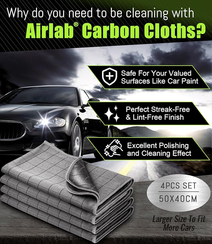 Airlab Microfiber Towels Cars Wash Drying Cleaning Cloth, Light Grey | Carbon Fiber Detailing Glass Window Polishing Lint Free, Streak Free, 20" x 16", Pack of 4