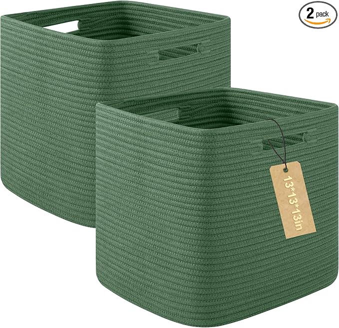 OIAHOMY 2 PACK Cube Storage Bin 13 Inch Collapsible Storage Cube Green | Cube Storage Organizer Storage Bins for Shelves Baskets for Organizing Woven Rope Storage Baskets