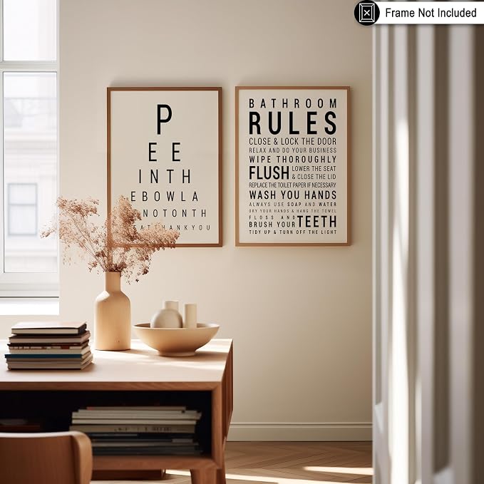 Poster Master 2-Piece Bathroom Sign Print - Eye Chart & Rules Poster - Humorous Guest Bath Decor - Minimal Typography Design - Powder Room Decor - Funny Restroom Sign - 18x24 UNFRAMED Wall Art