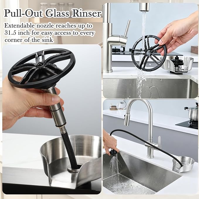 Kitchen Sink Glass Rinser 360° Rotating Cup Washer With Pull Out Spray Gun | Pressure Sink Attachment Washing Wine Glass Bottle Coffee Cup Practical Cleaning Accessory For Household Daily Kitchen Use