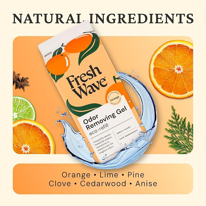 Fresh Wave Odor Removing Gel 4-Pack Glass Jar & 63oz Refill, Orange | Refills 7oz gel up to 9 times or 15oz up to 4 times. Gel odor eliminator for bathroom, closet, or garage. No plug-in.
