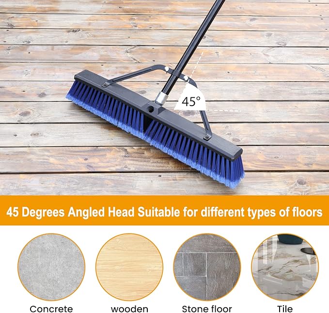 24 inches Push Broom Outdoor for Deck Driveway Garage Yard Patio Concrete Floor Cleaning-Blue