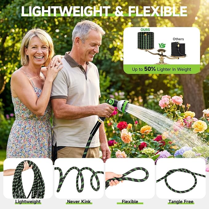 Garden Hose 50 ft Flexible Water Hose Non-Expanding Lightweight Kink-Free Hoses Durable Leak-Proof High Pressure Pipe with 3/4” Brass Fitting 10 Function Nozzle for Outdoor Yard Lawn Car Wash