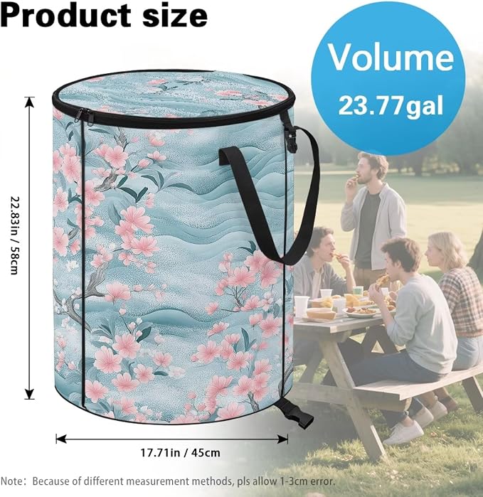 Cherry Blossom 24 Gal Collapsible Trash Can w/Lid Waterproof Foldable Garbage Bin for Camping, Backyard & Hiking | Heavy Duty Pop-Up Design (23x18in) Car Camping Gear