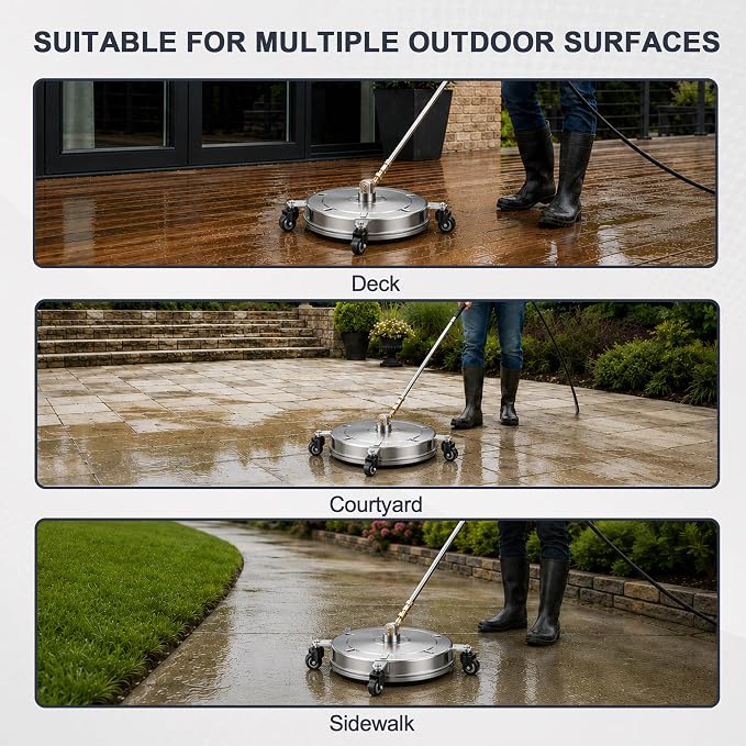 Pressure Washer Surface Cleaner with 4 Wheels-Stainless Steel Power Washer Accessories for Concrete Driveways Sidewalks Patios Cleaning (14.5 INCH Silver)