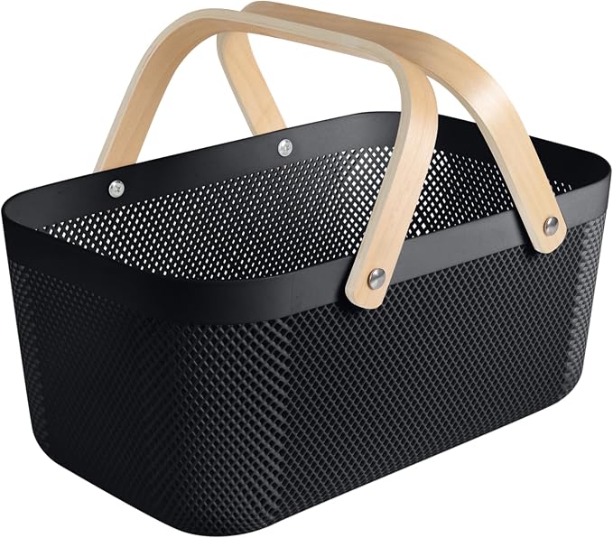 Simplify Large Mesh Plastic Storage Basket with Wooden Handle Black Color | Garden Harvest Organizer | Kitchen Pantry Storage Bin