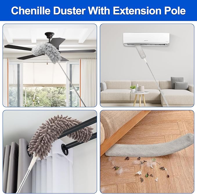 Microfiber Duster with Extension Pole(Stainless Steel) 30 to 100 Inches, Washable Dusters, Reusable Dusters, Bendable Duster for High Ceiling, Cleaning Ceiling Fan, Furniture, Blinds, Cars
