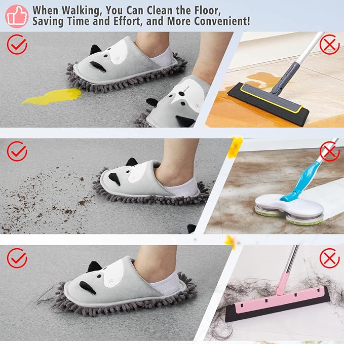 Detachable Dog Mop Slippers for Floor Dusting, Gray | Washable Microfiber Cleaning Slippers for Kitchen Room Office, Non Slip Mopping Slippers for Women