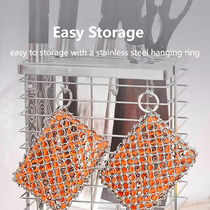 2026 Upgrade 316 Stainless Steel Pan Cleaner,4.5 Inch Triple-Ring Chain Mail Scrubber with Silicone Core, Cast Iron Pot Brush for Easier Removal of Stubborn Oil Stains & Food Residue–Orange