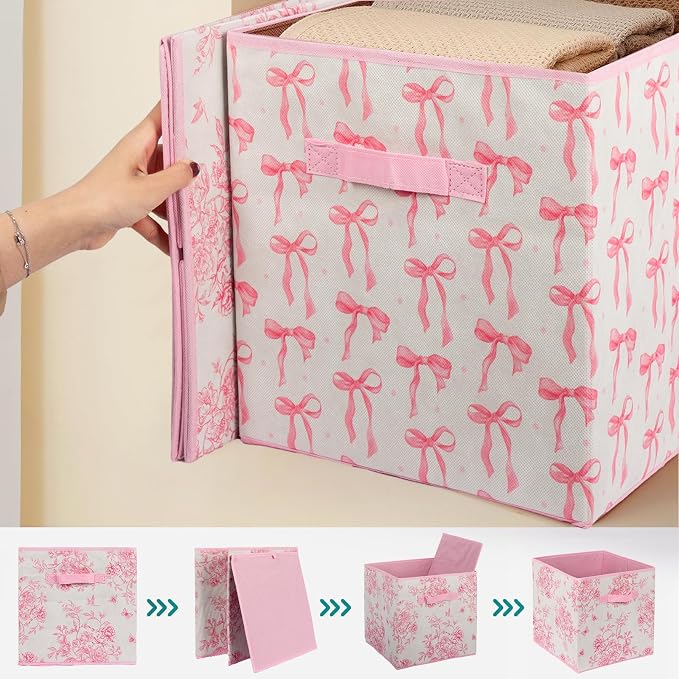 6 Pcs Pink Bow Cube Storage Bins 12.5 Inch Pink Storage Basket with Handle, Preppy Girls Organizer Basket, Collapsible Fabric Box for Classroom Bedrooms Office Home Decoration (Bow)