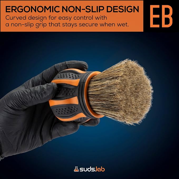 Suds Lab Elite-Bristle Boar's Hair Detailing Brush, Deep Cleaning, Stand | Metal-free, high absorbency tool for scratch-free interior & exterior car detailing