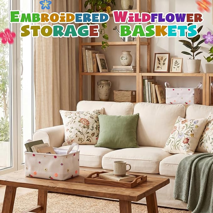 2pcs Embroidered Floral Storage Basket 14x10'' Back to School Gift | White Wildflower, Foldable, Lace Mesh, Storage Bin with Handle, Closet Organizer, Shelves, Classroom, Home Decor, Laundry Car