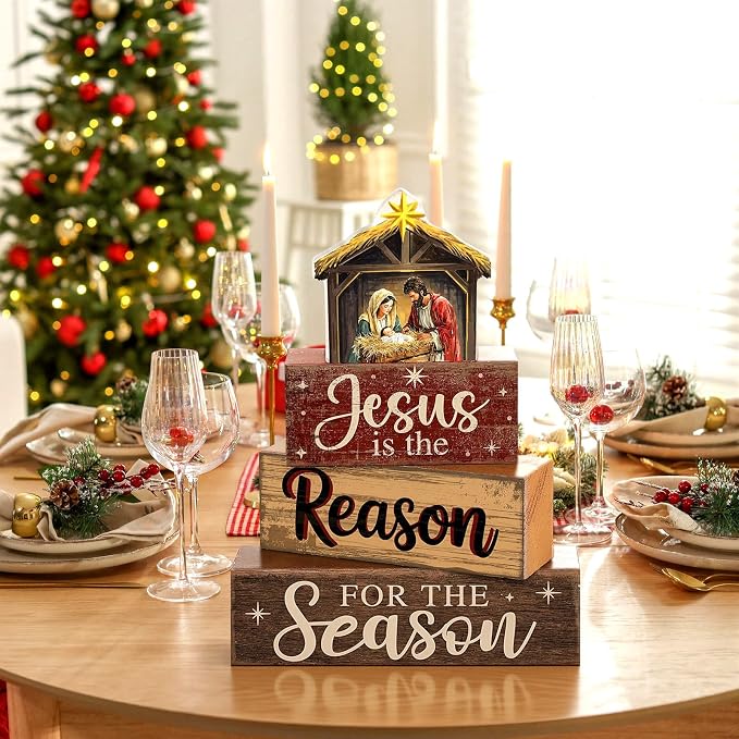 Moucuny 4 Pcs Christmas Table Decor Christian Nativity Scene Wooden Blocks | Tiered Stacked Centerpiece for Shelf Mantel, Rustic Christmas Holiday Decor with Manger Scene Star Topper, Layered Display