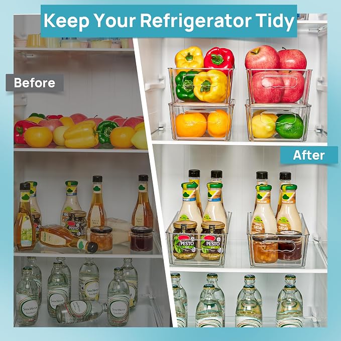 Vtopmart 8pcs Clear Organizers and Storage Bins with Lids, Stackable Plastic Storage Containers with Handles for Fridge, Freezer, Pantry, Cabinet, Kitchen Organization (Pack of 2)