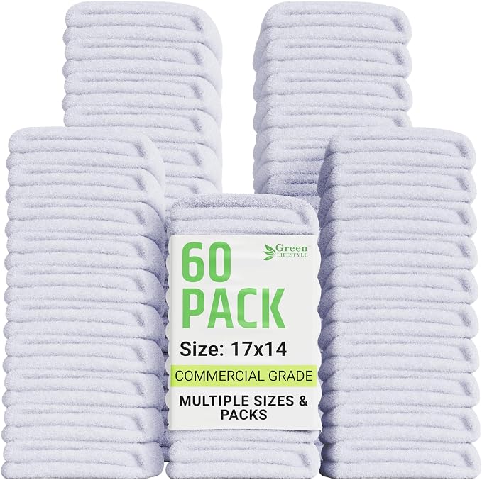GREEN LIFESTYLE 60-Pack Cotton Wash Cloths – 14"x17" Absorbent Cleaning Rags for Housekeeping, Kitchen Towels, Bar Mop Towels, Durable Terry Cloth Rags, Premium Quality Multipurpose Washcloths