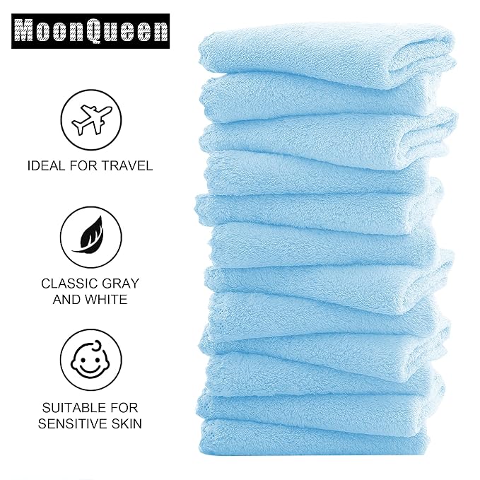 MOONQUEEN Microfiber Facial Cloths Fast Drying Washcloth 12 Pack - Premium Soft Makeup Remover Cloths - Aquamarine