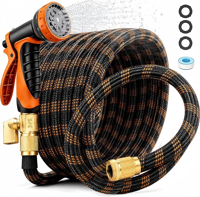 Non-Expandable Garden Hose 50FT, Ultra Lightweight Flexible Water Hose with 10-Function Spray Nozzle, Kink-Free and Leak-Proof Design, Heavy-Duty Outdoor Hose for Yard, Lawn, Car Wash, Pet Bathing
