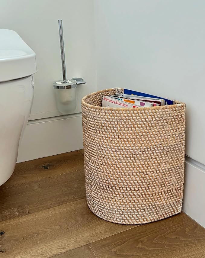 KOUBOO Half-Moon Rattan Waste Basket, Wicker Trash Can, Off White/Latte Bin | Handwoven natural texture, space-saving shape, lightweight construction, ideal for paper and dry household waste