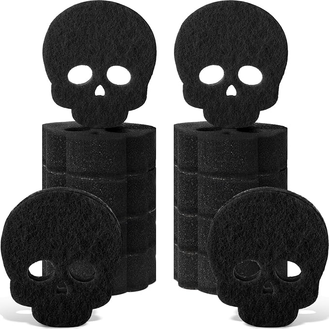Tioncy 12 Pack Halloween Skull Kitchen Sponges, Black | Dual Sided Scrubber, Gothic Halloween Decor, Reusable Non Scratch Dishwashing, for Cookware Pot Boiler Pan Household