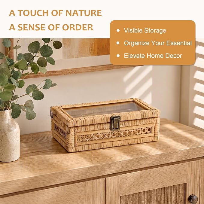 Hipiwe Rattan Storage Box with Lid Vintage Decorative Basket for Home Decor | Handwoven Wicker Basket Box for Display, Rectangular Storage Bin for Remotes, Keepsake, 9.8" x 5.9" x 3.1"