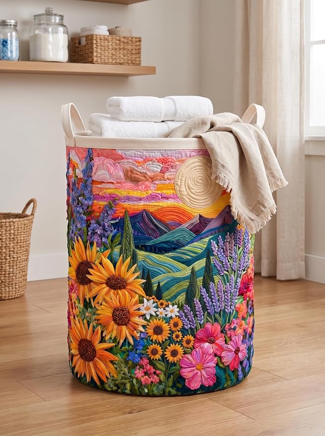 Quilted Laundry Basket with Handles, Boho Floral Quilted Storage Hamper, Large Capacity Laundry Hamper for Nursery Bedroom Laundry Room Home Decor (Pattern 12, Large (28"H x 20"W x 20"L))