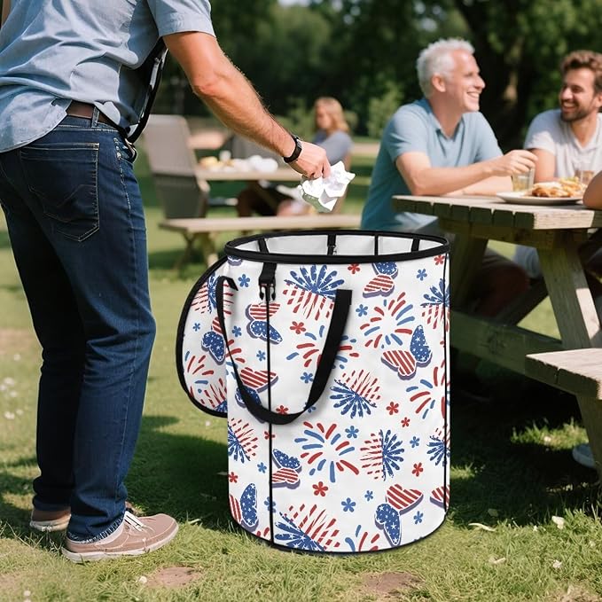 American Flag Butterfly 24 Gallon Collapsible Trash Can Waterproof Outdoor Garbage Can with Lid and Handles for Patio Yard Garden Waste Leaf Reusable Pop-Up Trash Bag
