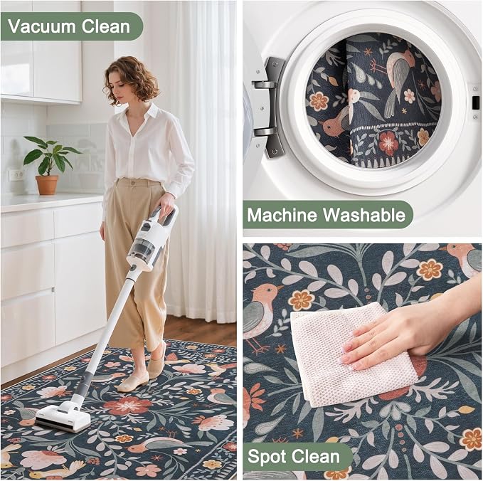 Anidaroel 36"x48" Office Chair Mat for Hardwood Floor, Black Floral Computer Chair Mat, Anti-Slip Vintage Under Desk Rug for Office, Low Pile Bird Bug Office Rugs for Rolling Chairs