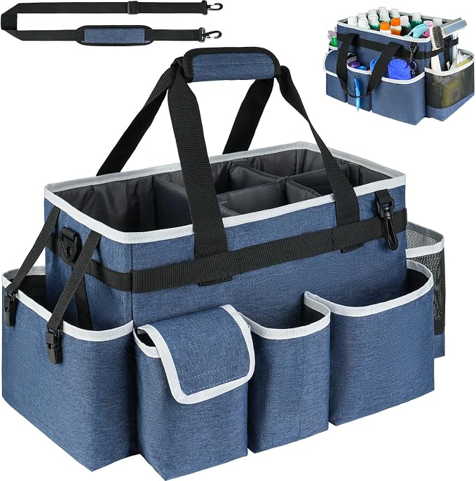 Cleaning Caddy Bag,Large Cleaning Supplies Organizer with Handle for Housekeepers, Blue