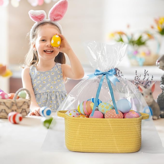 Cute Yellow Gift Basket, Woven Baskets for Gifts Empty, Cotton Rope Storage Bin for Organizing, Cat Dog Toy Box, Baby Nursery Organizer, Wicker Easter Basket with Handle, Yellow Room Decor