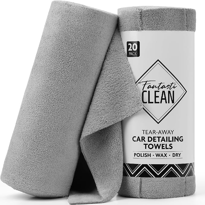 Fantasticlean Thick Microfiber Towel Roll, 14" x 14", 20 Pack, Grey | Tear Away Detailing Cloth, Ultra Absorbent, Scratch-Free, Fluffy Coral Fleece, 230 GSM, for Car, Home