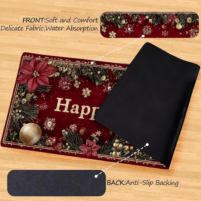 ANNA QUEEN Happy New Year Laundry Room Rug Runner 20x47 Inch -Waterproof Non-Slip Red Poinsettia Floor Mat for Front Load Washer Dryer,Washable Kitchen Decor, Machine Washable