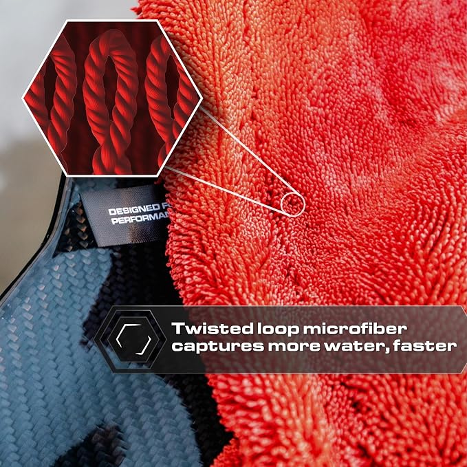 Microfiber Car Drying Towel 24"x36", 1300GSM Twisted Loop | Twisted Loop microfiber dries your car in one pass-1300GSM, streak-free & scratch-safe. Absorbs 6x its weight, no water spots