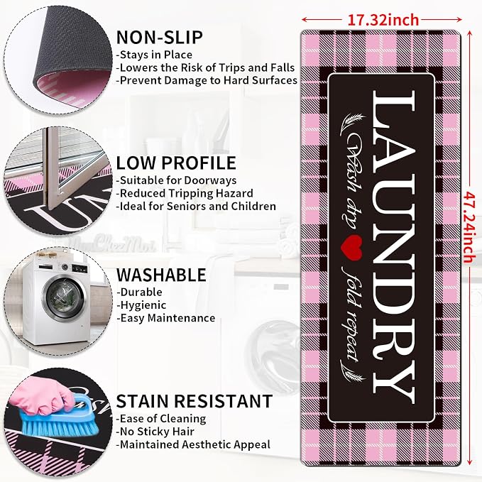 XLHOMO Laundry Room Rugs and Mats, 17"x47" Buffalo Plaid Pink Laundry Room Rug Runner Washable Non Slip, Farmhouse Laundry Mats for Floor, Mudroom, Kitchen, Washroom, Bathroom, Entryway Carpet Decor