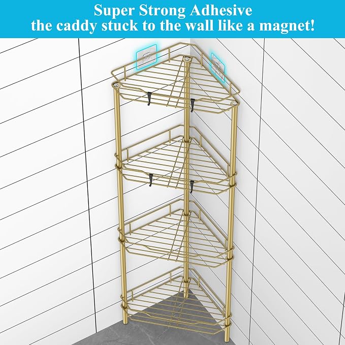 HuggieGems Metal Floor Standing Corner Shower Caddy, Gold, 4 Tier | Adhesive Bathroom Organizer Shelves, Free Standing Shower Rack with Hooks, Hold Large Shampoo Bottles