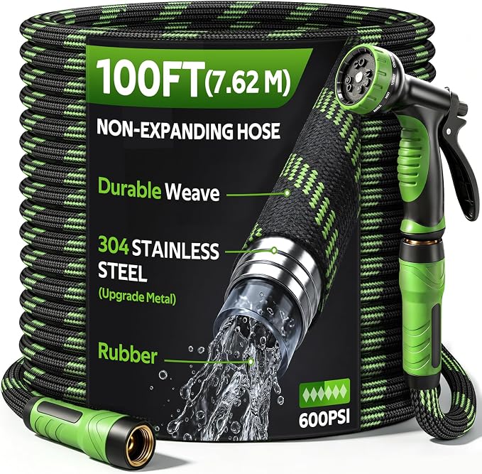 NON-EXPANDABLE Garden Hose 100 FT Water Hose with 10-Function Spray Nozzle | Yard hose Heavy Duty Steel Metal Flexible,Durable Fabric Skin,No Kinks & Leak-Proof with Upgraded Handle hose pipe outside