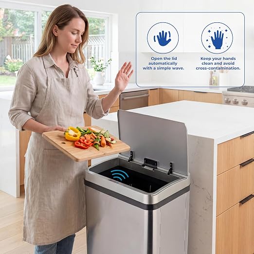 Pukomc Kitchen Trash Can,13 Gallon Motion Sensor Garbage Can | Brushed Stainless Steel ,Automatic Touchless,Removable garbage can ,Liner Pocket ,Fits Any Kitchen, Bathroom, Office, or Home