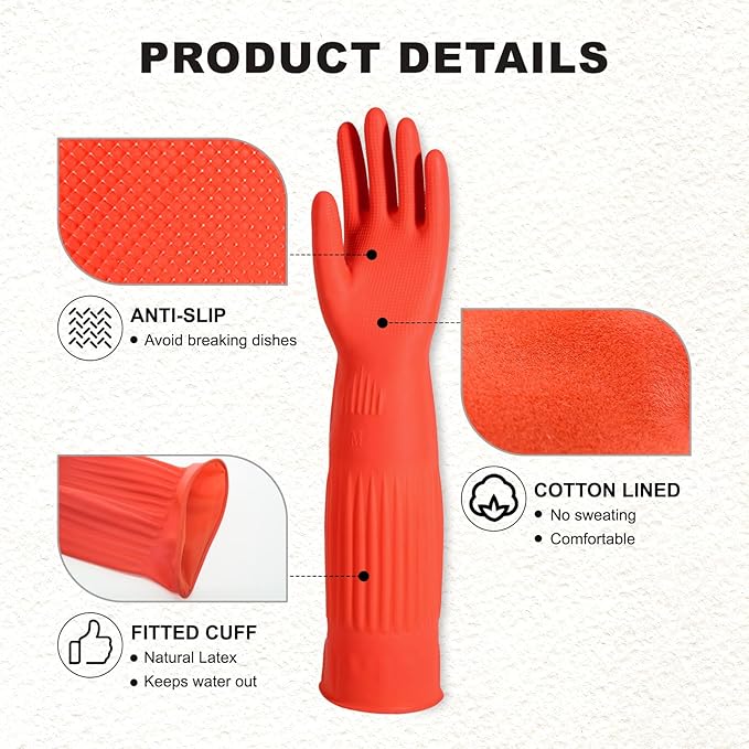 North Tower Rubber Gloves Kitchen Cleaning For Washing Dishing Kithchen, warmming Heat Resistant Dishwashing Gloves,18",2 Pairs Small