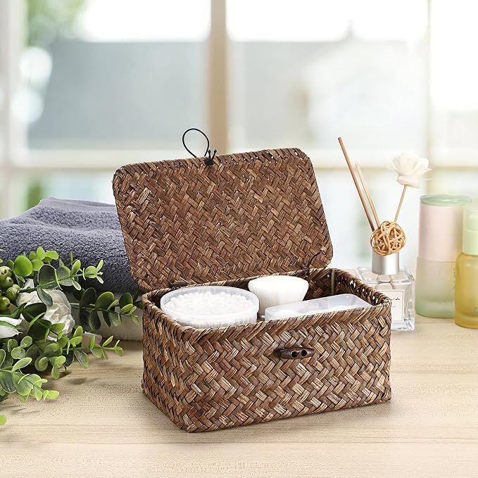 Hipiwe Handwoven Wicker Basket with Lid Small Desktop Seagrass Organizer | Decorative Basekt Boxes Bin for Remote Control Keys Candy, Coffee Color 7.0"L x 4.3"W x 3.3"H